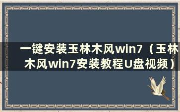 一键安装玉林木风win7（玉林木风win7安装教程U盘视频）