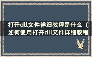 打开dll文件详细教程是什么（如何使用打开dll文件详细教程）