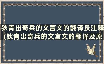 狄青出奇兵的文言文的翻译及注释(狄青出奇兵的文言文的翻译及原文)