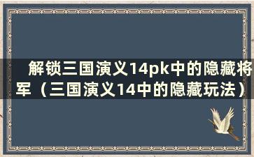 解锁三国演义14pk中的隐藏将军（三国演义14中的隐藏玩法）